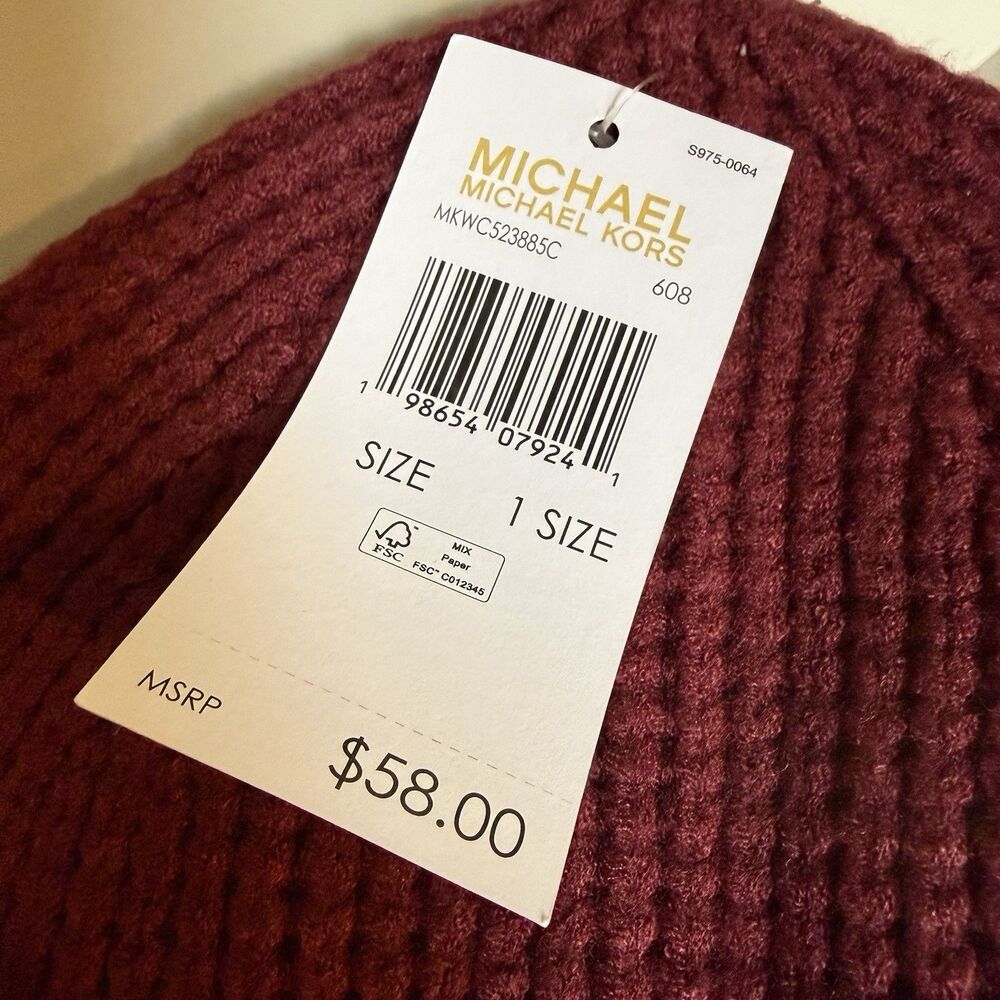 Michael Kors Adult Women’s Wine Burgundy Logo Cuff Knit Warm Beanie Hat New - Picture 4 of 7